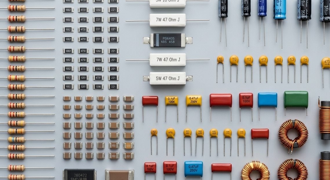 Assortment of passive electronic components including resistors capacitors and inductors